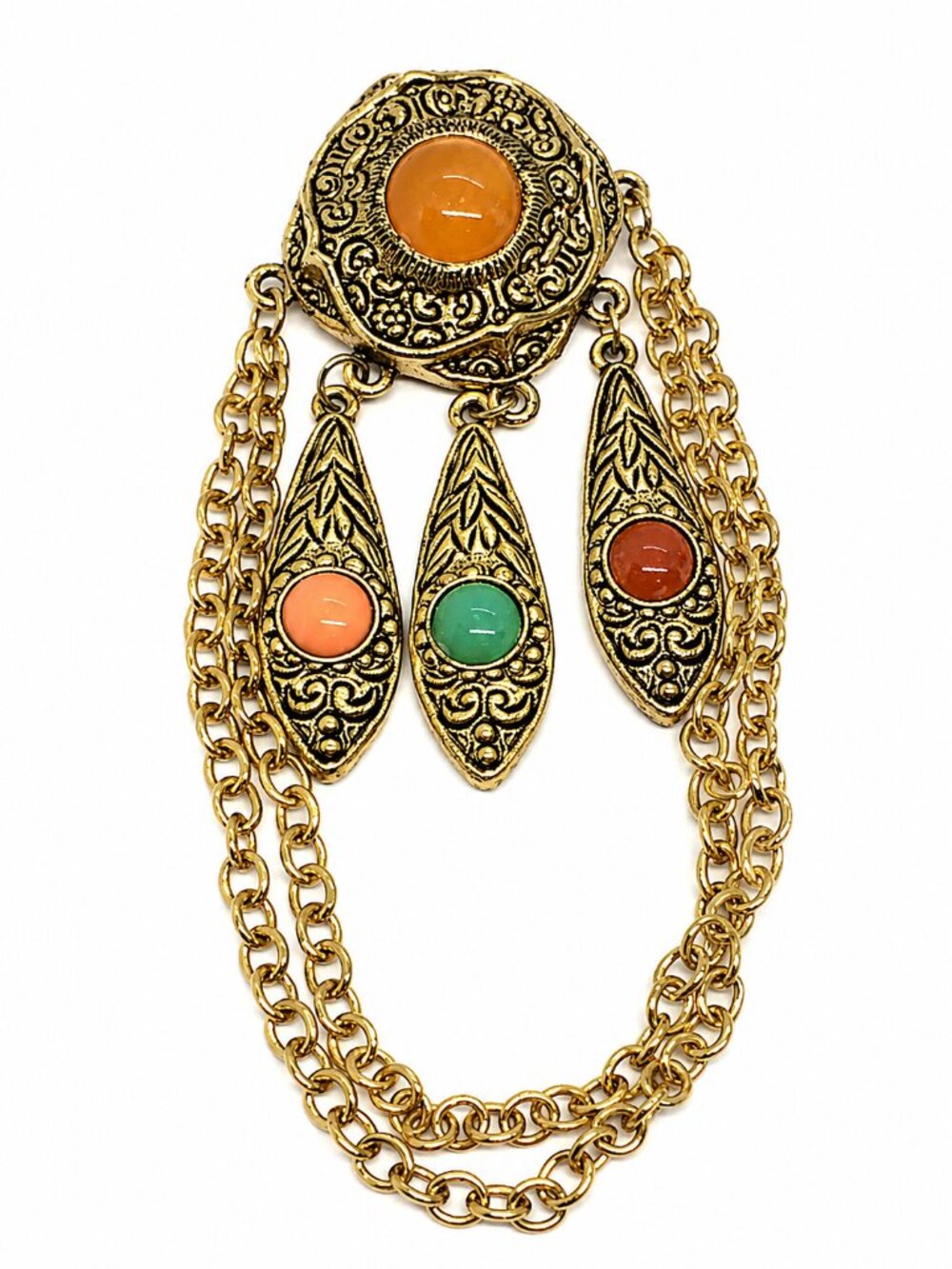 VINTAGE GOLD TONE BROOCH Colorful Cabochon Chain Drape Victorian Boho Statement
